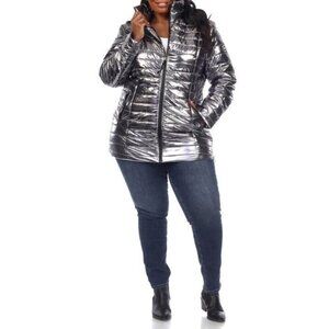 WHITE MARK Women's Plus Size Silver Metallic Puffer Coat NWT